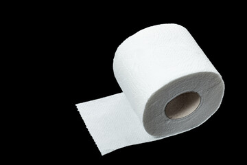 Roll of toilet paper is insulated on black background. Soft white toilet paper or tissues. Hygiene products. Isolate