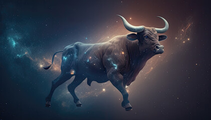 Obraz na płótnie Canvas Taurus bull zodiac sign against space nebula background. Astrology calendar. Esoteric horoscope and fortune telling concept. Created with Generative AI