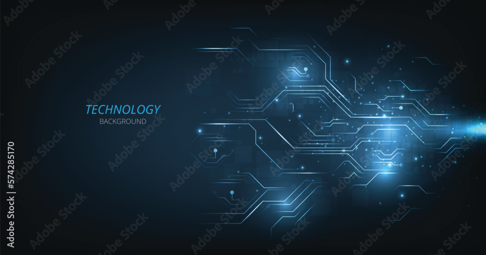 Poster Vector technology circuit lines on a dark blue background.High-tech circuit board connection system.Vector abstract technology on blue background. 