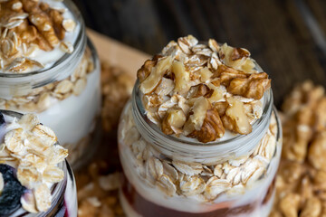 Fresh delicious yogurt made from milk with walnuts