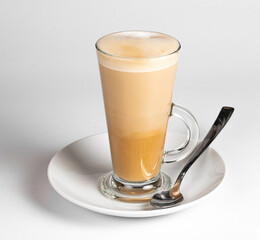 Coffee latte cafe tall long glass white background whipped cream milk barisa spoon plate coffeeshop offer clean