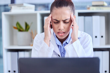 Burnout, stress and doctor with a headache from a laptop, healthcare anxiety and depression....