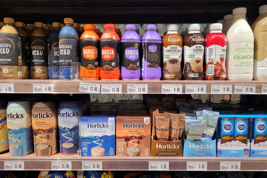 PENANG, MALAYSIA - 22 FEB 2023: Various choice of coffee and chocolate beverages on the store shelf in Jaya grocer. Jaya grocer is the coolest fresh premium supermarket in Malaysia.