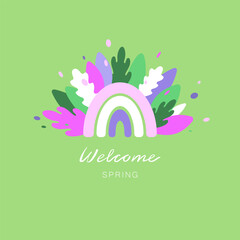 Bright welcome spring pattern with hand written text, rainbow, leaves and confetti, pastel colors. All elements are isolated. Use it for greeting card, banner, poster, web desigh, textile