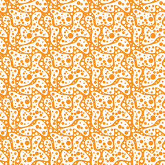 Abstract seamless pattern of orange and white curved forms filled with circles. Simple geometric dotted background