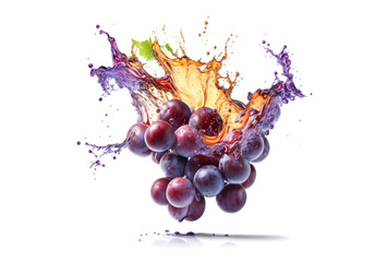 Sweet Purple Grapes in juice splash isolated on white. Generative AI - obrazy, fototapety, plakaty