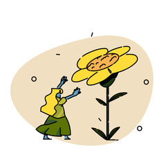 woman reaching for sunflower, flat vector illustration.