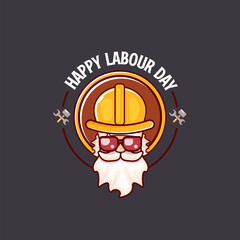 Happy labour day vector logo, label or stamp with funky worker on grey background. vector happy labor day background or banner with man. workers may day poster