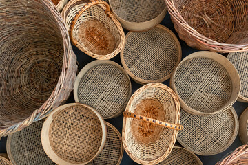 Set of various empty wicker baskets and sieves. Shop baskets of different kinds. Various retro kitchenware