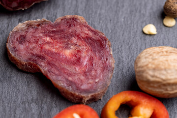 Sausage cut into pieces on the table