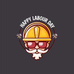 Happy labour day vector logo, label or stamp with funky worker on grey background. vector happy labor day background or banner with man. workers may day poster