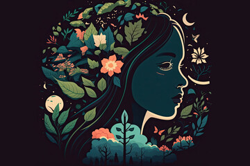 Generative AI. Cartoon illustration for Mother Earth Day with the image of a beautiful woman in the image of nature. Horizontal wide subtitle, cover. copy-space.