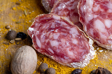 Dried pork sausage with white mold and spices