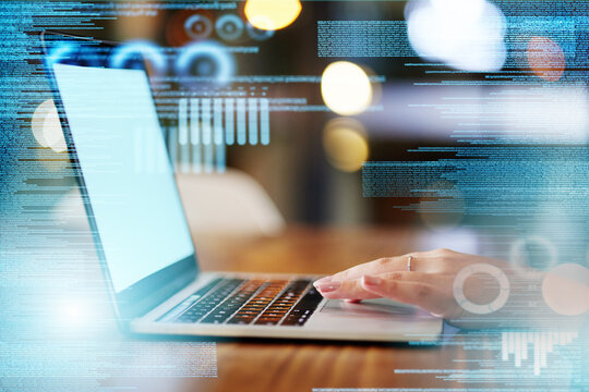 Data overlay, coder hands and laptop of a it worker with crypto coding and programmer work. Information technology graphic, digital cybersecurity and 3d programming in a office on tech