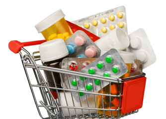 Shopping Cart with pills isolated on white background
