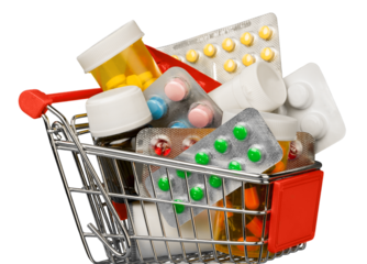 Shopping Cart with pills isolated on white background