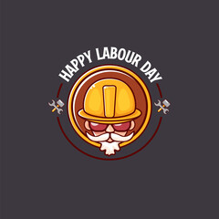 Happy labour day vector logo, label or stamp with funky worker on grey background. vector happy labor day background or banner with man. workers may day poster