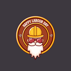 Happy labour day vector logo, label or stamp with funky worker on grey background. vector happy labor day background or banner with man. workers may day poster