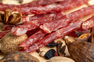 Dried pork sausage during slicing