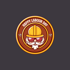 Happy labour day vector logo, label or stamp with funky worker on grey background. vector happy labor day background or banner with man. workers may day poster