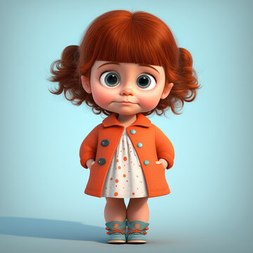 Cute young girl in orange jacket 3d character. Cartoon little girl with big eyes, dress and hair. 3d render illustration. Generative AI art. 