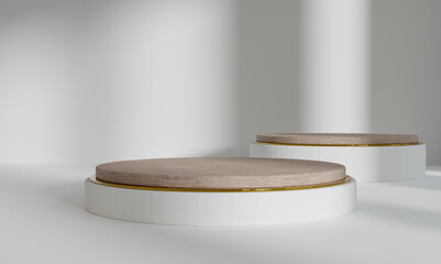 Wooden podium on top in white room