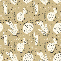 Light cacti on a beige background with brush stripes. Hand drawn seamless vector pattern for fabric design, textile, wrapping paper. Tropical illustration with plants in the desert. Doodle boho style