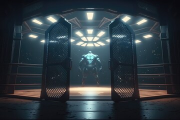 Cage fight arena . Interior view of fighting arena with fans and shining spotlights,Generative Ai