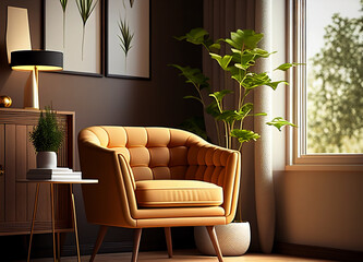 Loft cozy interior with armchair, lamp, homeplant. Modern design. Place for rest. Interior mockup. Generative Ai.