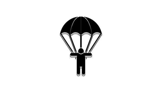 Black Parachute and silhouette person icon isolated on white background. 4K Video motion graphic animation