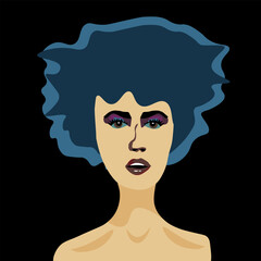 Fashion woman art portrait with blue hair on black background. 