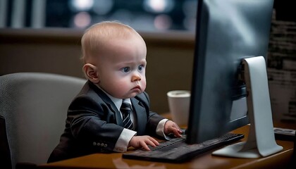 bébé en costume en train de travailler sur son ordinateur installé à son bureau - illustration ia