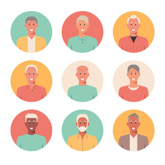 People portraits of older men, male faces avatar isolated in round icons set, vector design flat style illustration