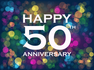 HAPPY 50th ANNIVERSARY typography banner on background of colorful bokeh