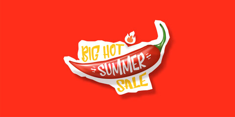 Big Hot summer sale horizontal banner with red chili cayenne pepper isolated on stylish red background. Vector 3d horizontal summer hot sale clearance poster, flyer, banner, tag and background