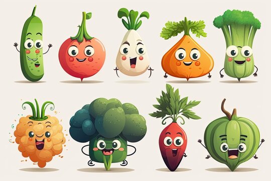Children's cartoon illustration with different vegetables, funny faces. Vitamin vegetarian set. Generative ai