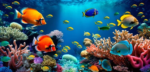 Fotobehang Tropical sea underwater fishes on coral reef. Aquarium oceanarium wildlife colorful marine panorama landscape nature snorkel diving © LuckyStep