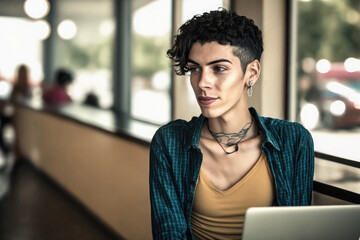 Casual portrait of a Non binary hispanic transgender mid Tomboy using laptop computer in a modern cafeteria restaurant. Androgynous authentic identity. Generative AI. - obrazy, fototapety, plakaty