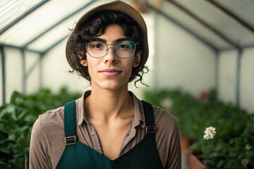 Casual portrait of a cheerful transgender non binary man with box of flowers working in greenhouse. Business owner. Generative AI.