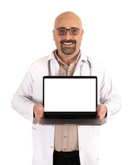 Doctor holding laptop, caucasian male doctor holding laptop. Showing empty blank screen of notebook for mock up. Transparent png image. Advertising medical hospital website concept.