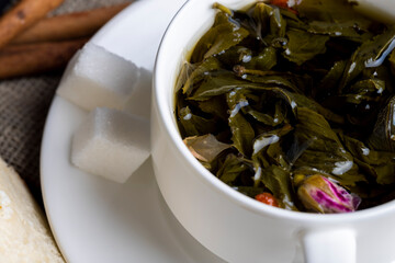 hot tea brewed in a white mug