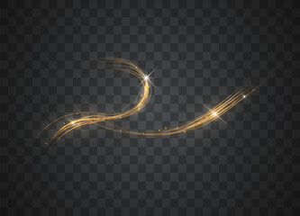 Golden glowing shiny lines effect. Glowing magic fire trace. Magic golden light effect with curve trail. Vector illustration.