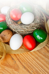Obraz na płótnie Canvas Easter eggs as the color of the Italian flag patriotic holiday background for Italy