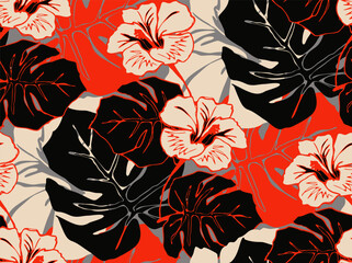 jungle hibiscus exotic floral pattern retro red black ivory shades