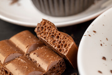 A piece of chocolate bar with air bubbles