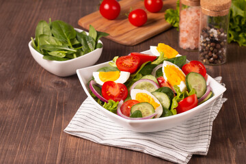 Appetizer healthy salad of fresh tomatoes, cucumber, spinach, lettuce and red onion. Vegan salad. Diet menu.