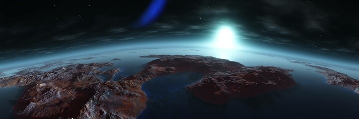 Obraz na płótnie Canvas Alien landscape in the rays of a rising star, Satellite of Mars from low orbit, 3d rendering