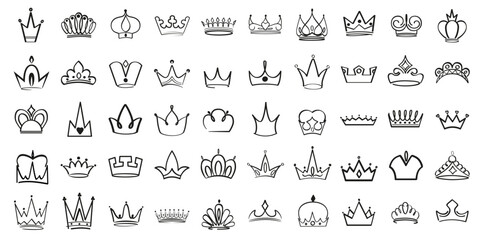 Naklejka na ściany i meble Doodle crowns icon. King or queen crown linear collection