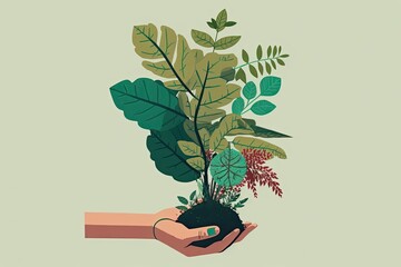 Holding a plant in hand, flat style (AI generated)