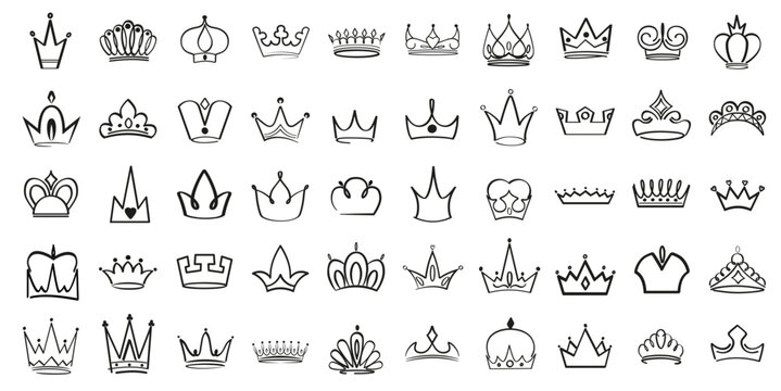 Doodle crowns icon. King or queen crown linear collection